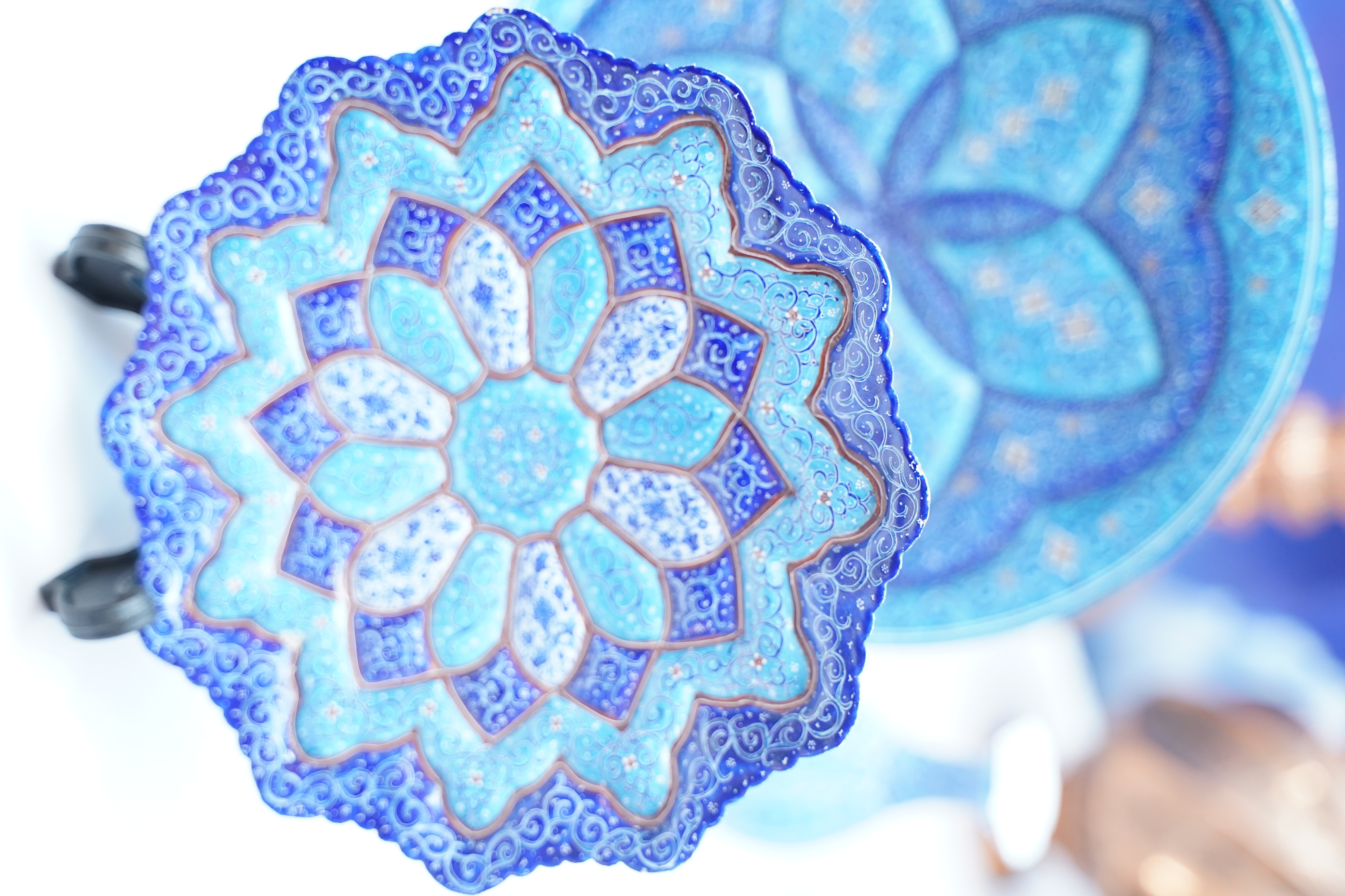 Iranian-Persian hand painted and enameled mandala plate with minakari (process of painting and colouring the surfaces of metals and ceramic tiles)