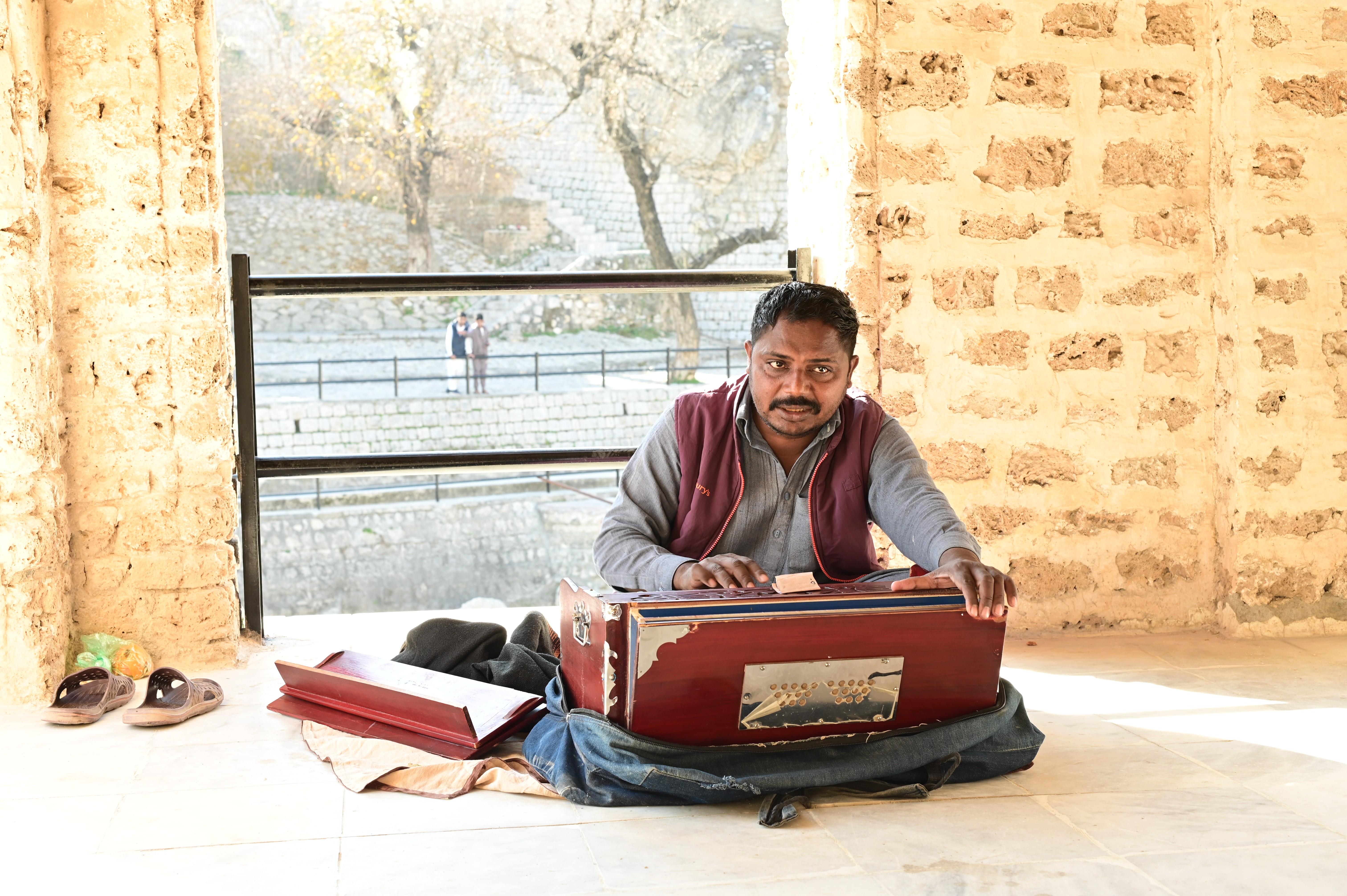 A man busy in playing Harmonium, an instrument that makes sound by blowing air through reeds, which are tuned to different pitches to make musical notes.