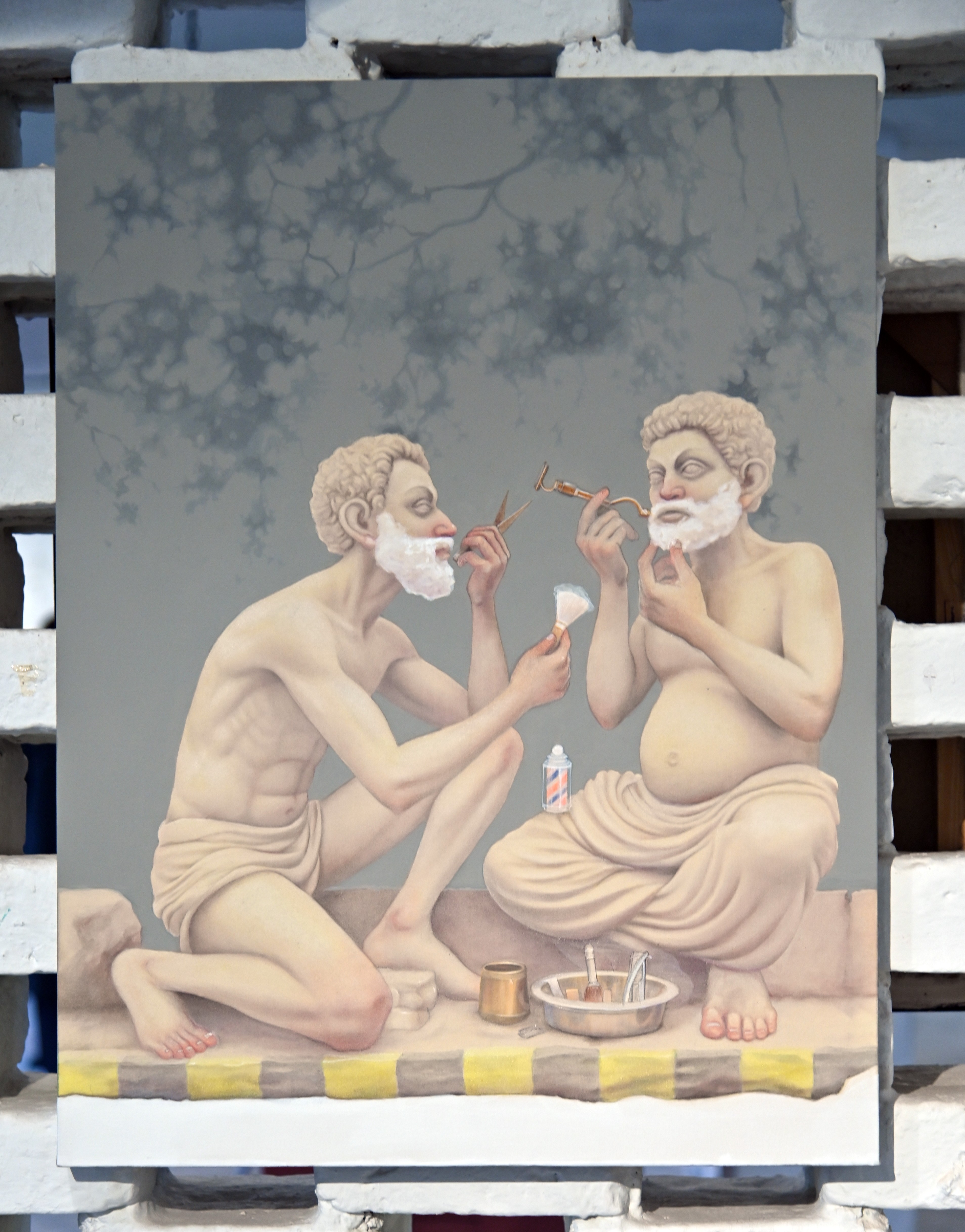 The Painting of Portrait of men shaving beard using the shaving kit