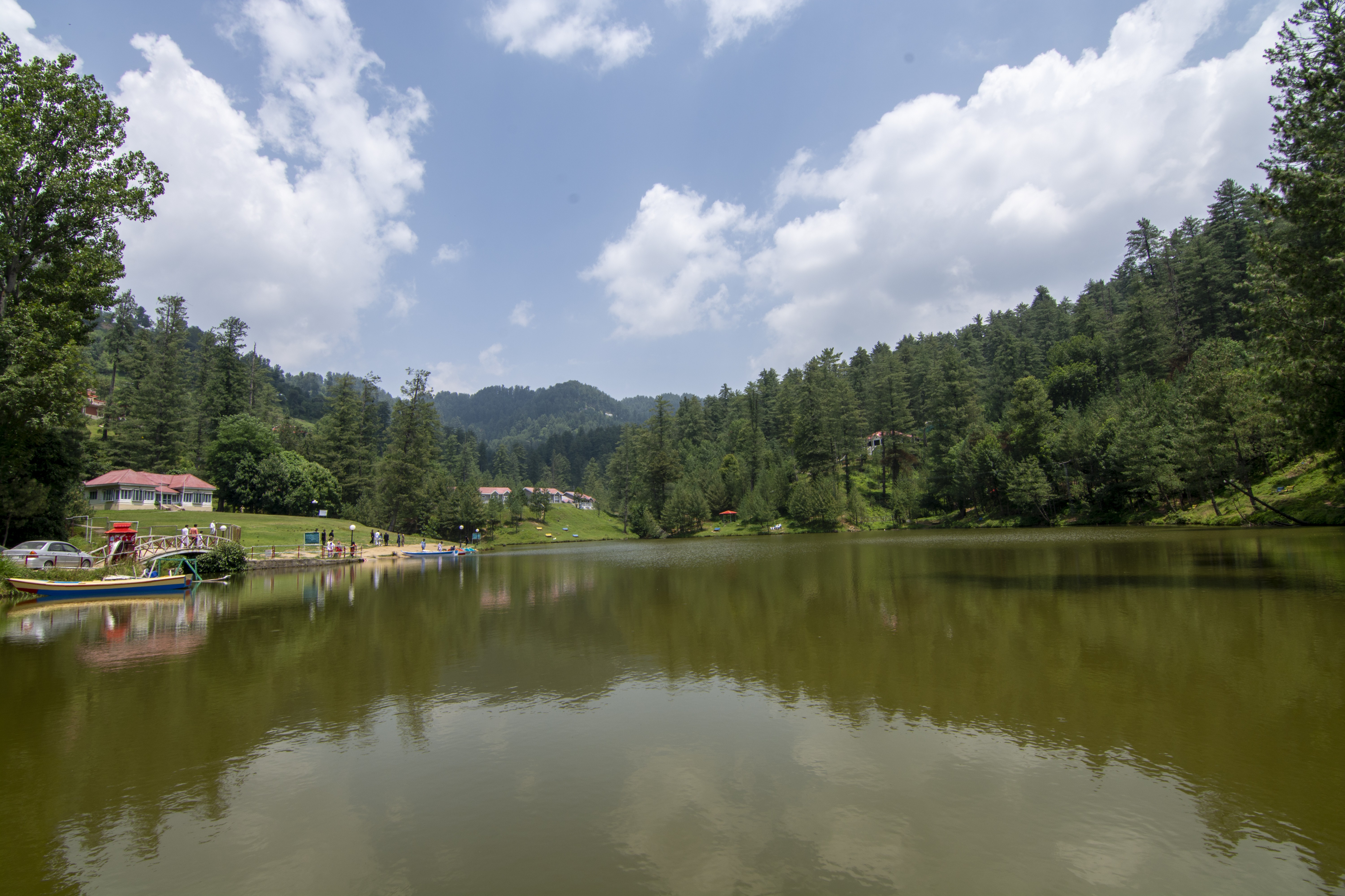 The beautiful view of lake surrounded by green trees