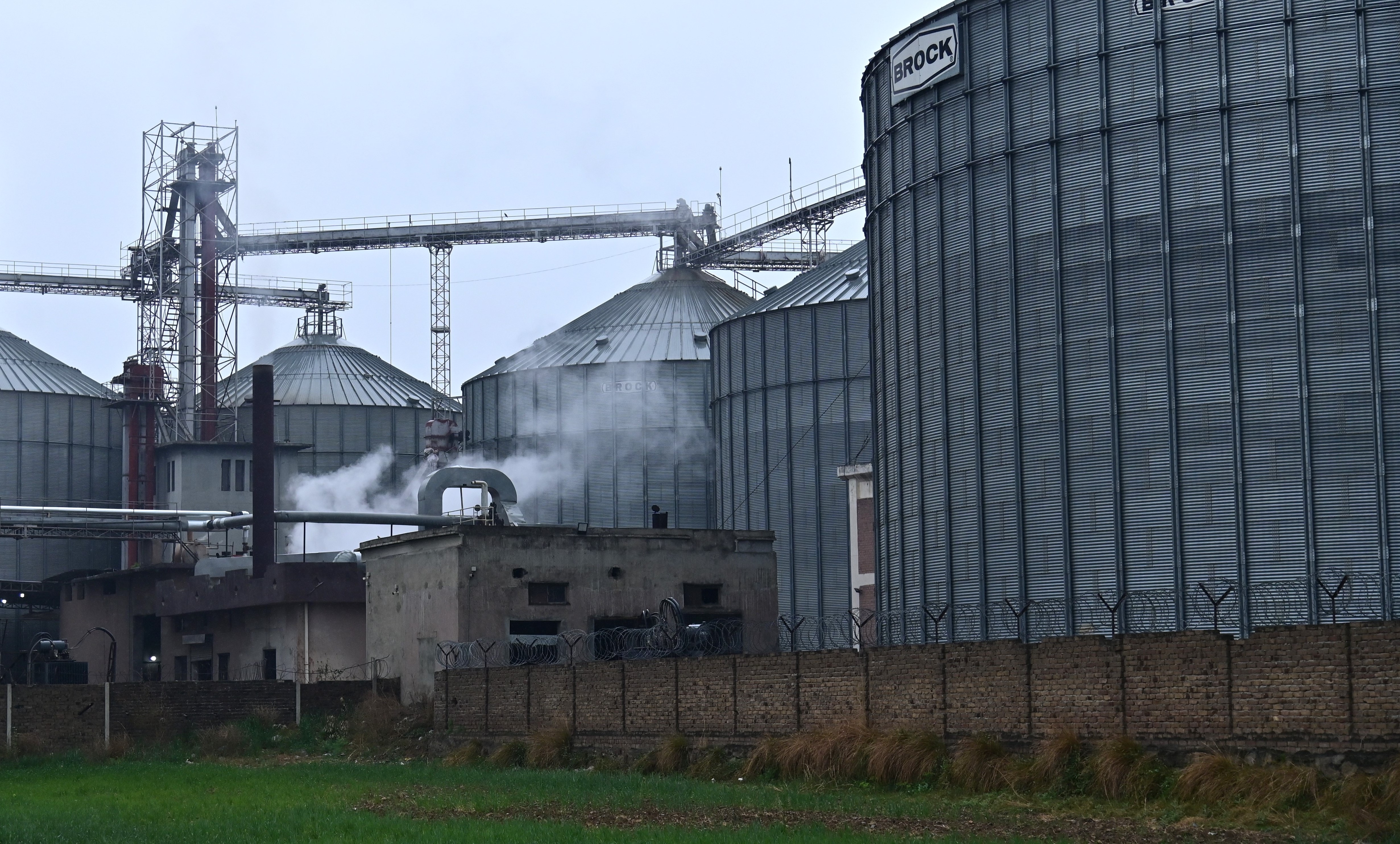 Industrial grain storage silos at a processing facility